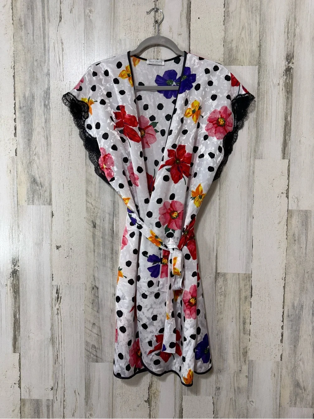 Floral Polka Dot Satin Chemise & Robe Set - White with Multicolor Flowers